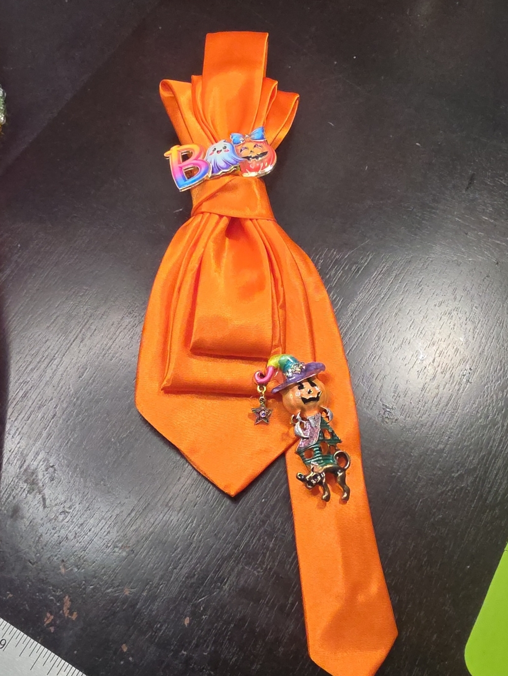 Halloween Orange Satin Tie with Festive Charm